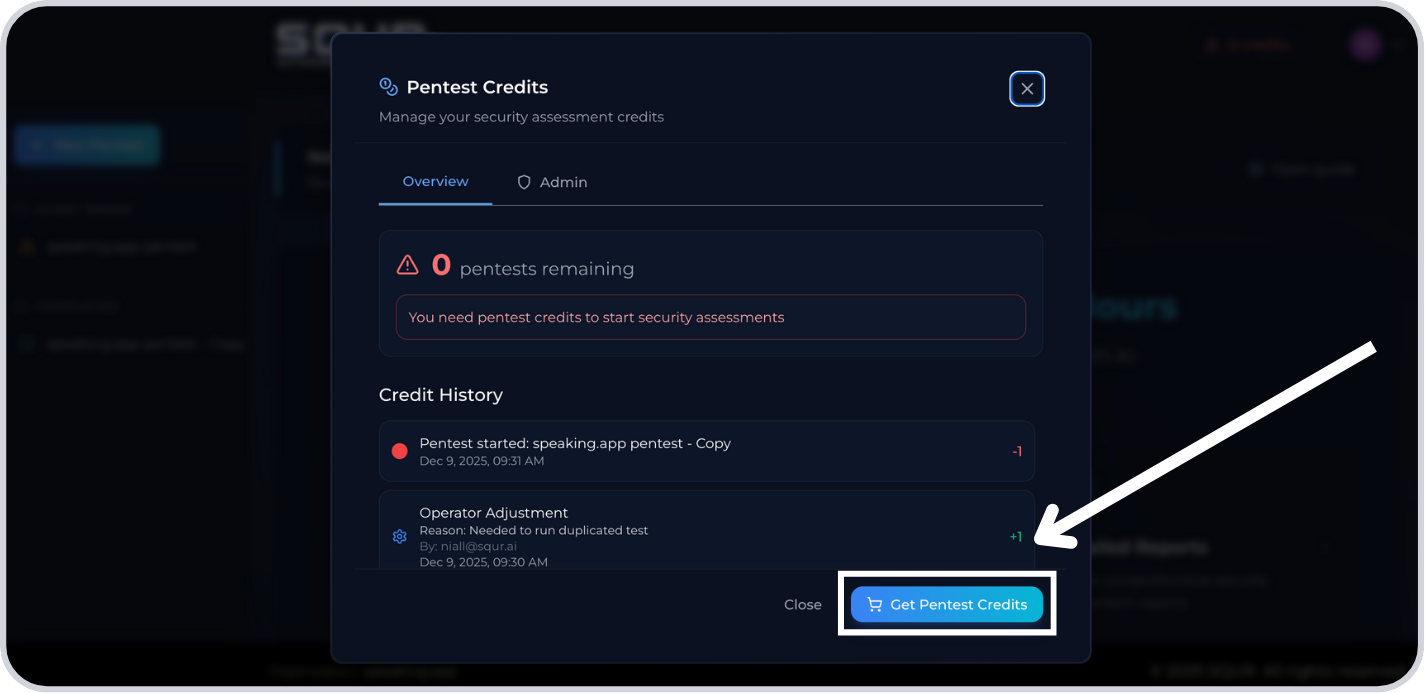 Step 2: Click get pentest credits