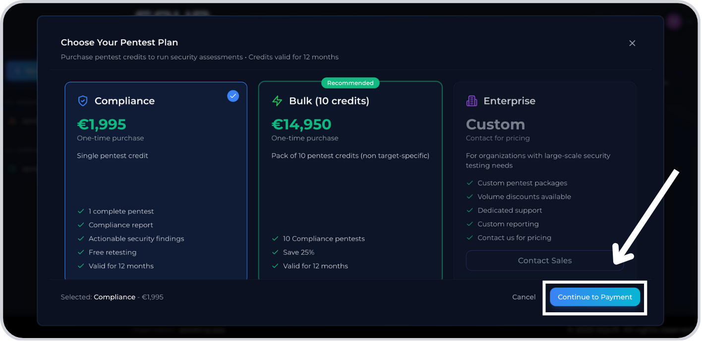 Step 3: Select package and continue to payment