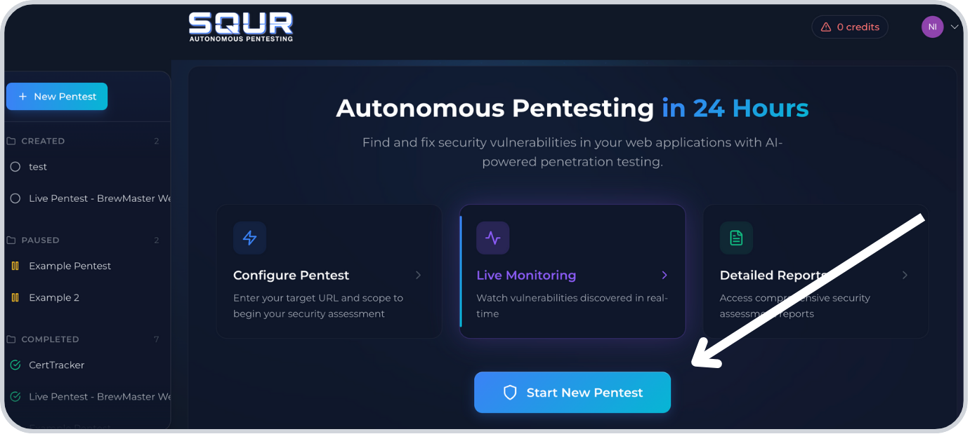 Step 1: Click Start New Pentest