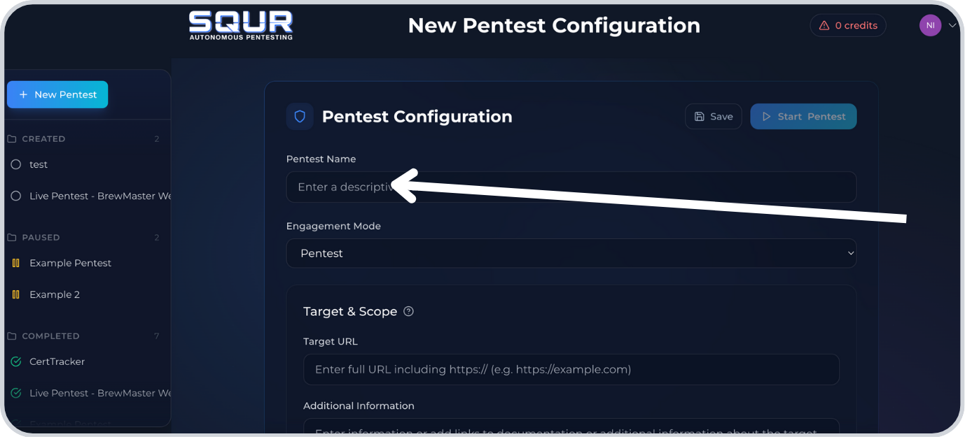 Step 2: Enter pentest name