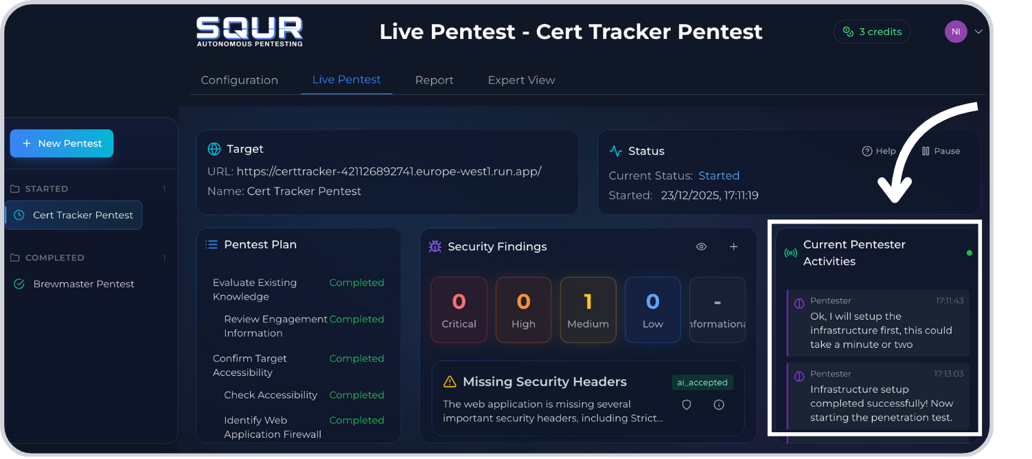 Live activity feed and status indicators